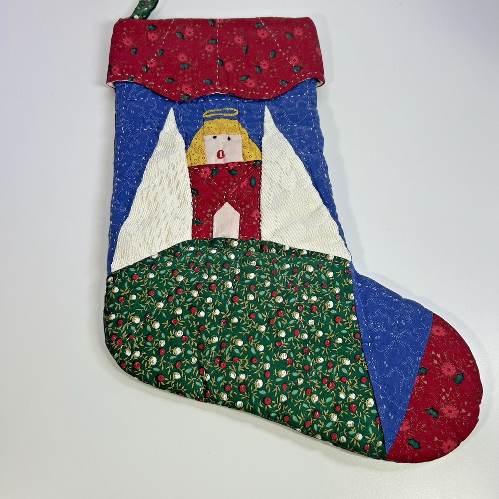 Christmas Stocking 16" Applique Angel Decor Country Folk Art Multi-Color Block